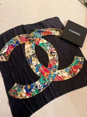 Authentic Chanel Black Silk Logo Scarf with Multicolor Chain Print
